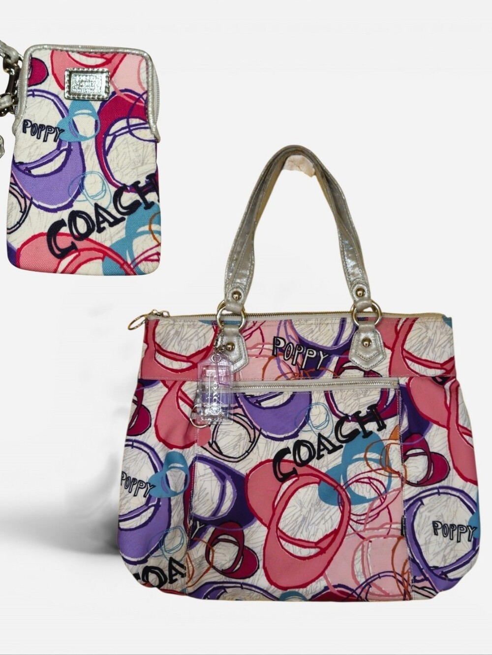 👜Coach Poppy Multicolor Signature Tote: Pink, Purple, Blue, Silver & Phone Case
